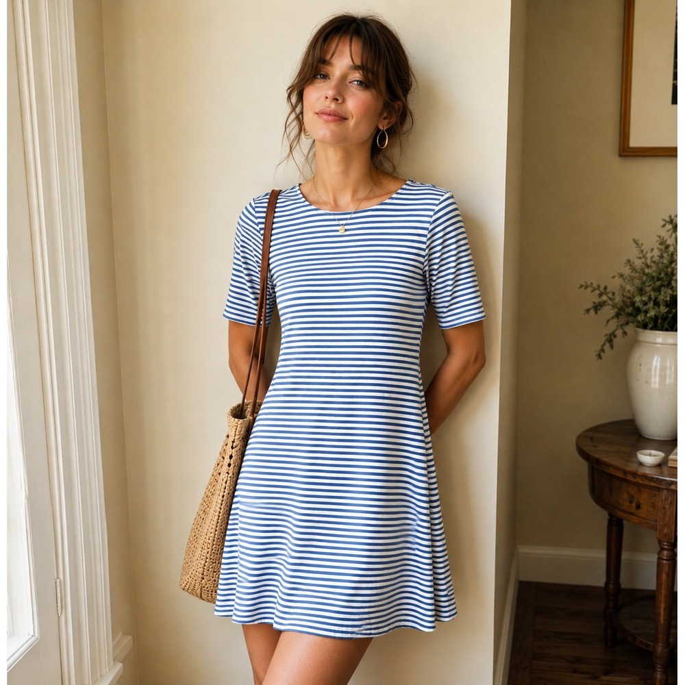 Old Navy Striped T-Shirt Dress Blue White XS Nautical Coastal Casual Swing